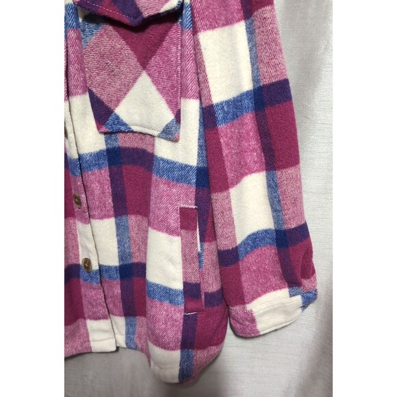 Women's Flannel Shacket Size XL Button Up Long Sleeve Warm Plaid Purple Pink - Picture 9 of 16